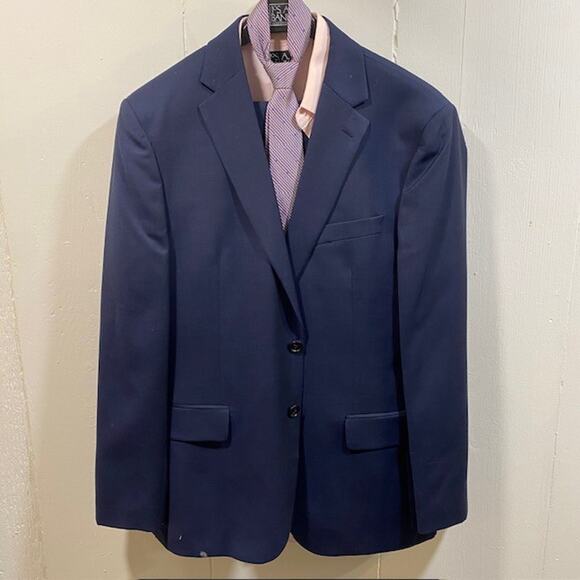 Jos A Bank Traveler Slim Fit Blue Wool Suit Blazer 42R Pants 36x27 w shirt & tie - Picture 1 of 16